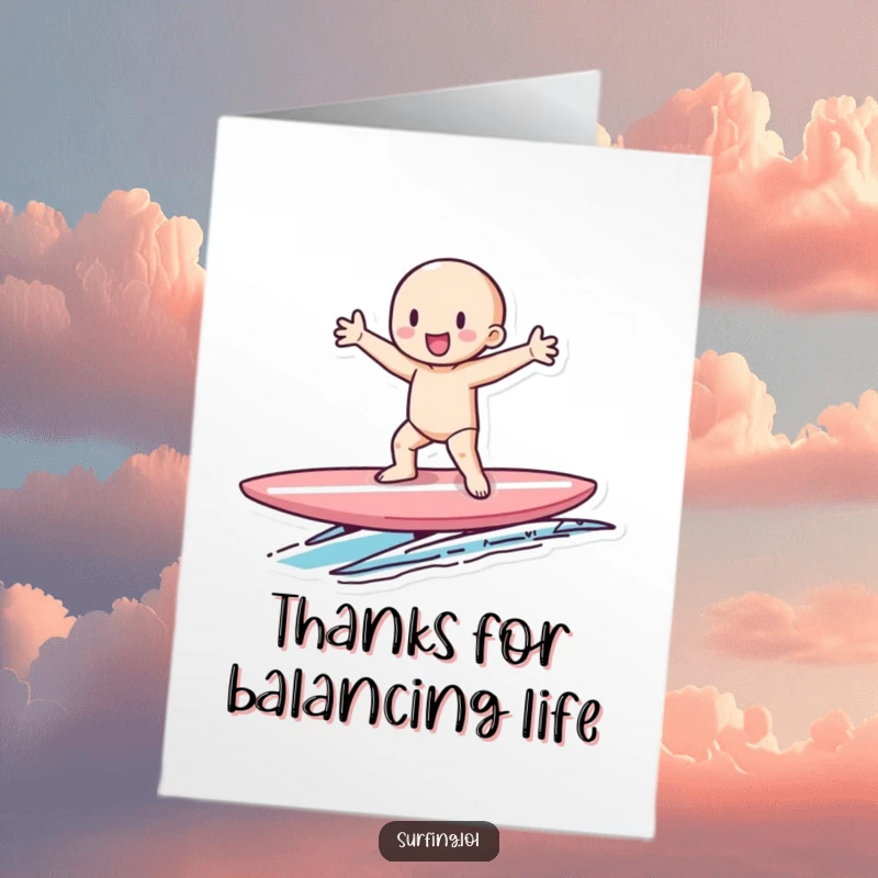 Funny Free Printable Thank You Card: a tiny figure showing impressive balance on a surfboard, arms outstretched.
