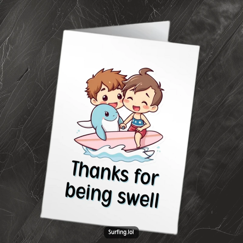 Funny Free Printable Thank You Card: A happy surfer shares a surf lesson with a delighted sea creature, a truly unique thank you.