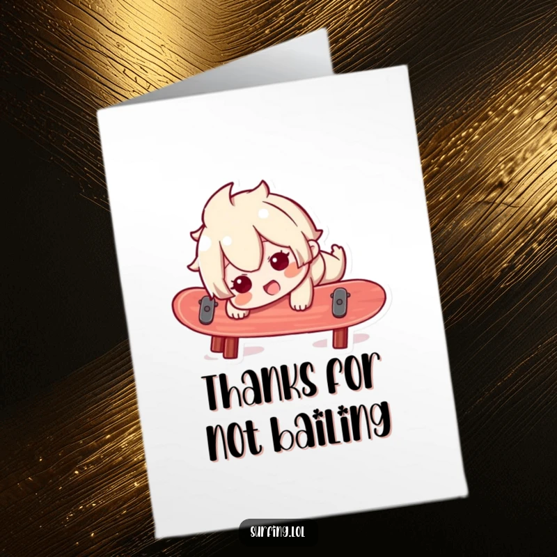Funny Free Printable Thank You Card: A character with a happy, startled face is almost falling off their surfboard, embracing the chaos.