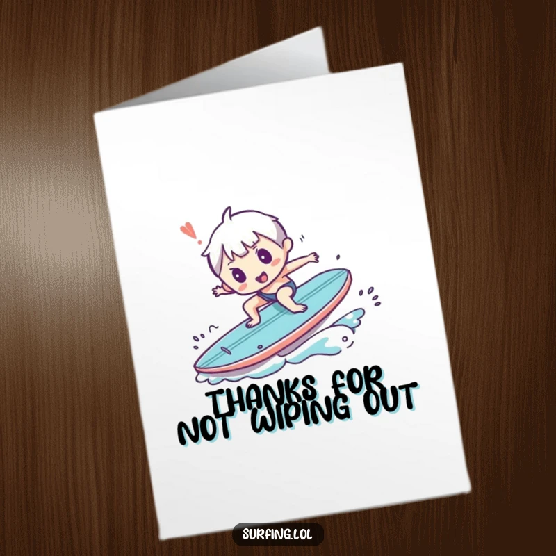 Funny Free Printable Thank You Card depicting a small character comically falling off a surfboard, great for expressing thanks.