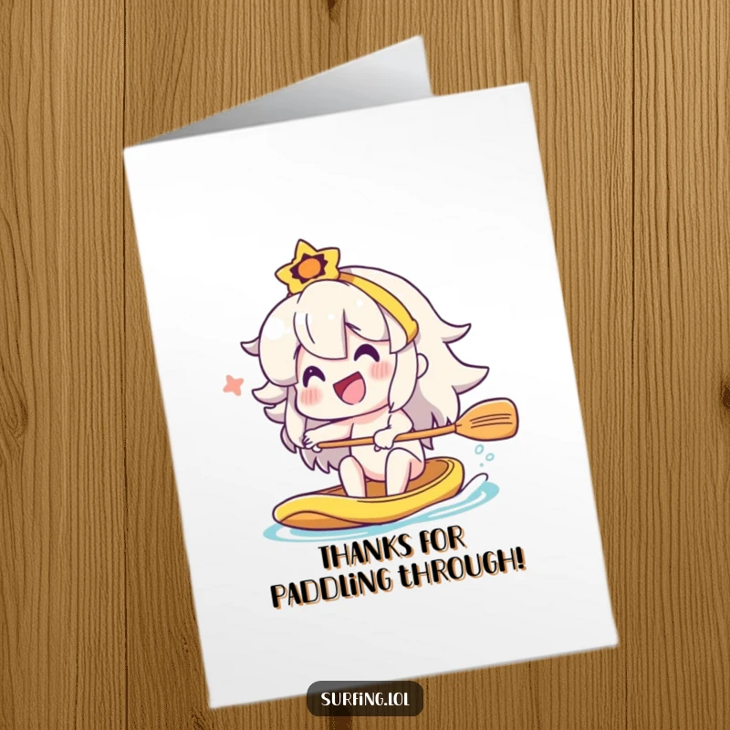 Funny Free Printable Thank You Card: A character paddles with a huge, happy smile, conveying heartfelt thanks in this delightful design.