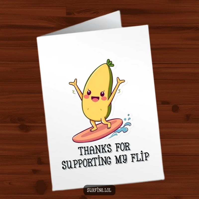 Funny Free Printable Thank You card: A cheerful food character balances in a handstand on a surfboard, expressing thanks.