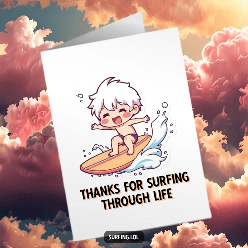 Funny Free Printable Thank You Card: Character smiling while wiping out spectacularly on a surfboard, a chaotic thank you.