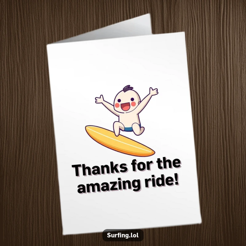 Funny Free Printable Thank You Card: A tiny character with a joyful expression leaps mid-air off a surfboard, conveying thanks.