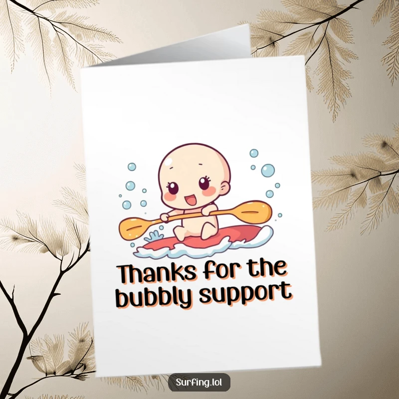 Funny Free Printable Thank You Card: Character paddles furiously, creating a wake of excited bubbles, symbolizing gratitude.