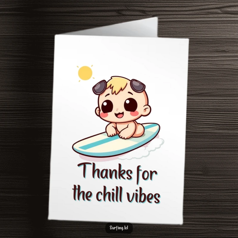 Funny Free Printable Thank You Card: Character on a surfboard, sending a chill thank you with a sun-kissed, relaxed vibe.
