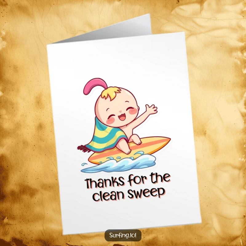 Funny Free Printable Thank You Card: Joyful character wipes surfboard with a towel, a clean and funny thank you message.