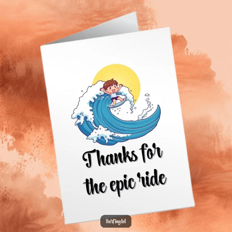 Funny Free Printable Thank You Card: a cute character catching a huge wave, symbolizing immense gratitude.