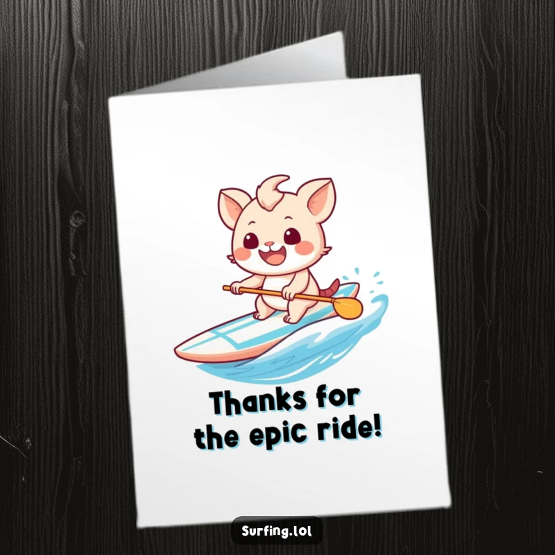 Funny Free Printable Thank You Card with a sweet creature surfing with glee, conveying heartfelt appreciation with a comical splash.