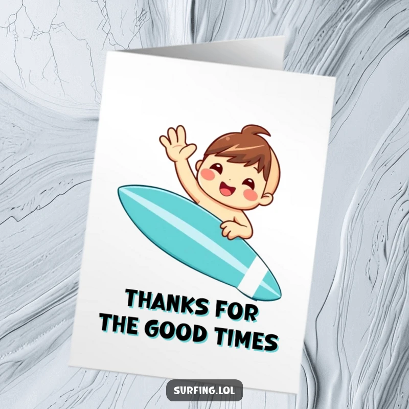 Funny Free Printable Thank You Card: A little surfer catches a wave, waving with a massive grin to express heartfelt thanks.