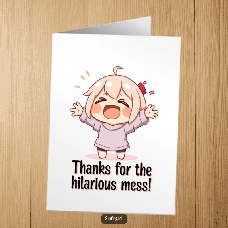 Funny Free Printable Thank You Card: A character laughs heartily while wiping out, arms flailing, a humorous way to express thanks.