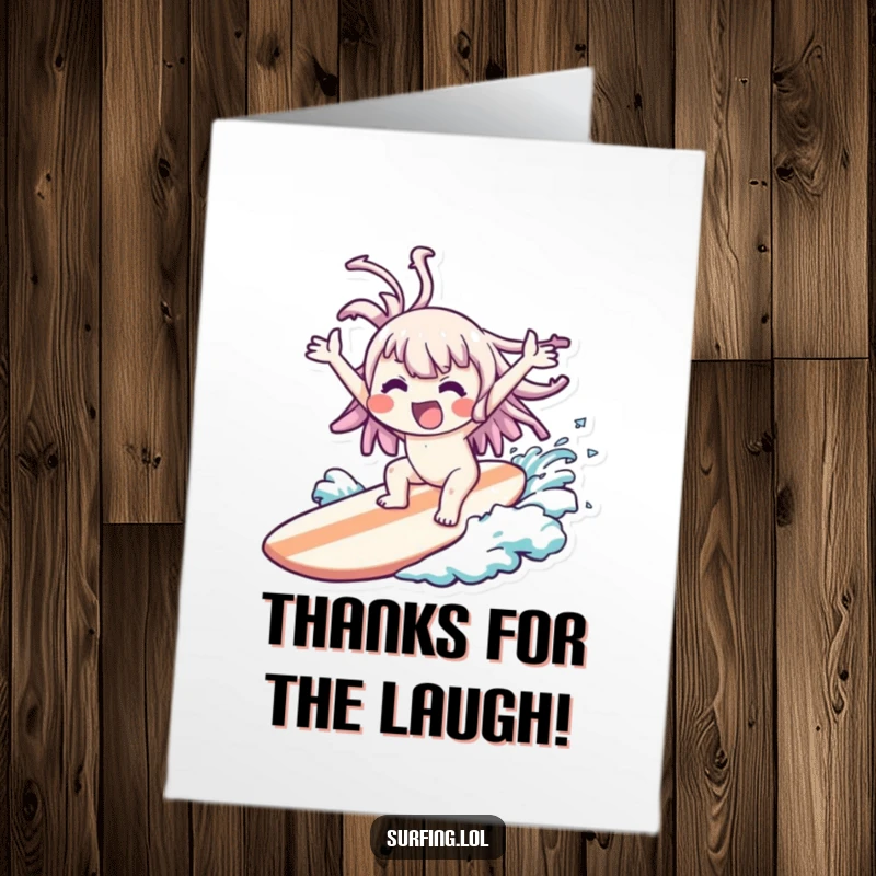 Funny free printable thank you card featuring a kawaii character comically wiped out on a surfboard, flailing arms with joyful abandon.