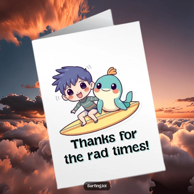 Funny Free Printable Thank You Card: Smiling surfer and sea creature sharing a board, conveying thanks with a playful, sunny attitude.