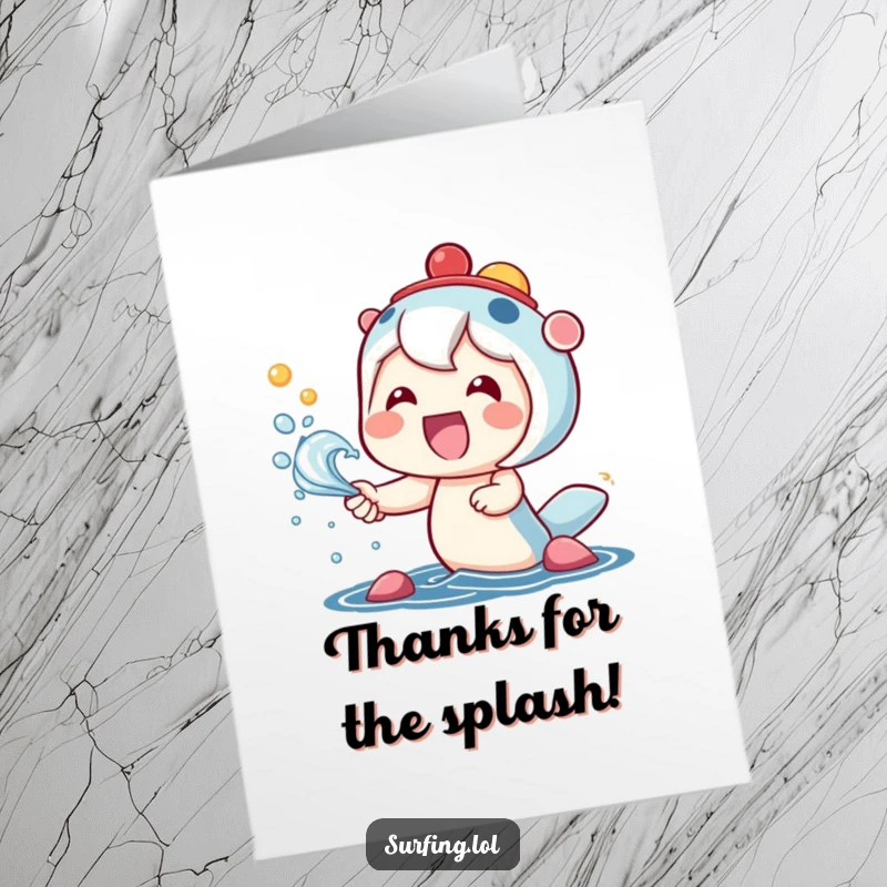 Funny Free Printable Thank You Card: A wide-smiled kawaii character catches colorful sea spray, conveying heartfelt thanks.