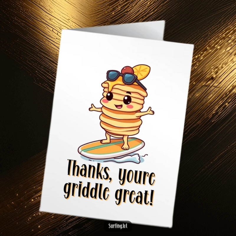 Funny Free Printable Thank You Card: Determined pancake surfer gives a thumbs up while balancing pancakes on a surfboard.