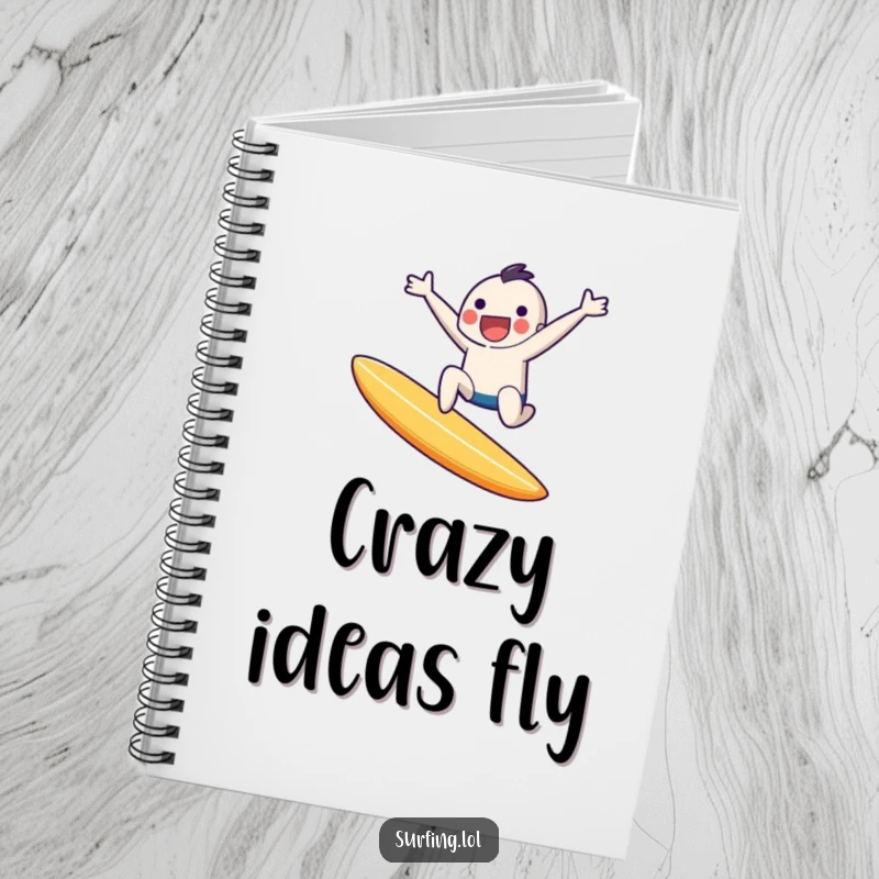 Funny notebook featuring a tiny character joyfully leaping off a surfboard mid-air with a huge smile and energetic pose.