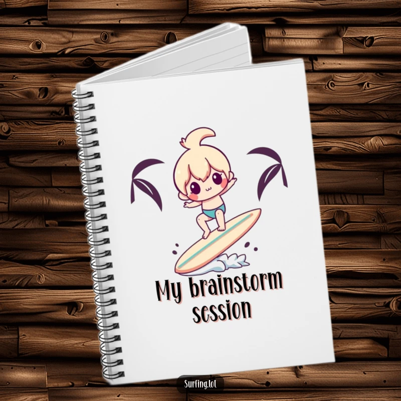 Funny notebook cover with a character attempting to balance on a surfboard with another surfboard, encouraging silly thoughts and creative writing.