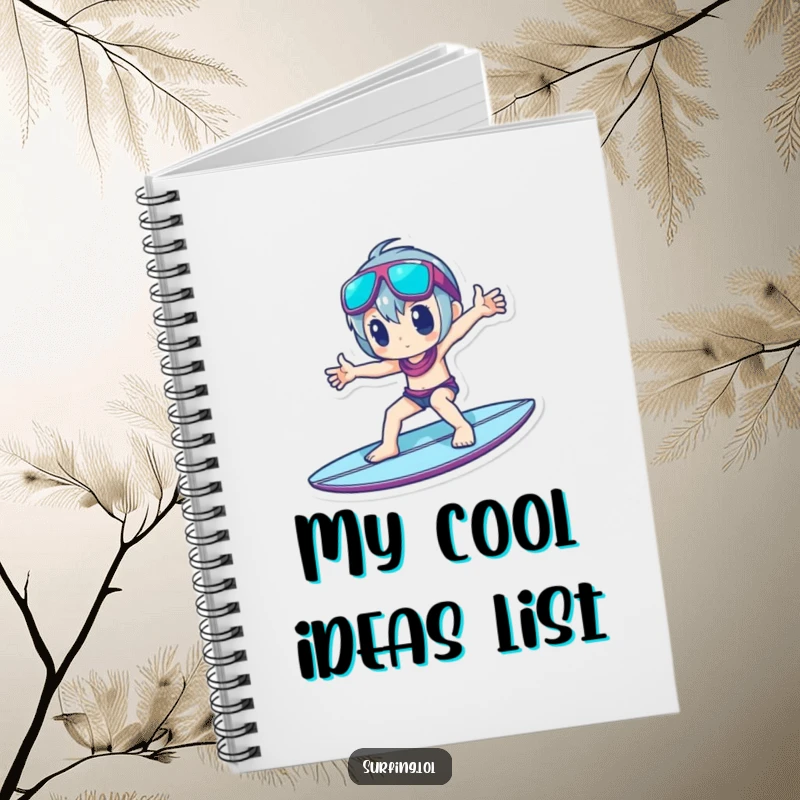 Funny Notebook: Cover art depicts a character striking an impressive and cool pose while balancing on a surfboard.