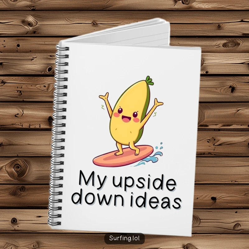 Funny notebook featuring a cheerful food item character doing a handstand on a surfboard, perfect for jotting down ideas with enthusiasm.