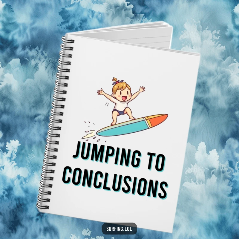 Funny notebook featuring a small character jumping with joy on a surfboard mid-air, perfect for writing funny thoughts and plans.