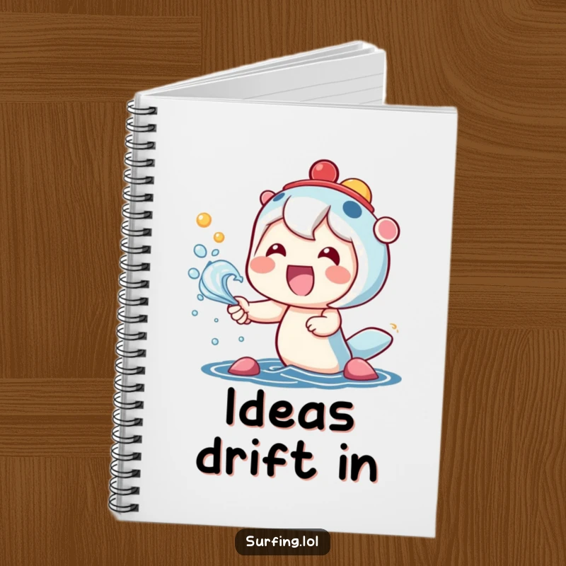 Funny notebook featuring a kawaii character with a huge smile, joyfully catching colorful sea spray with infectious happiness.