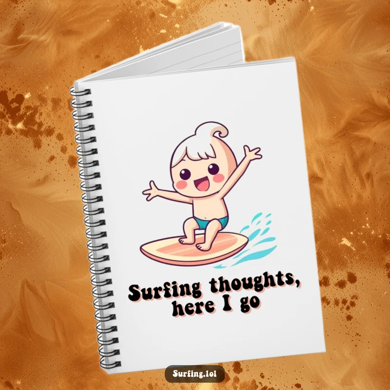Funny kawaii character gleefully riding a surfboard with arms outstretched on a notebook, perfect for notes and doodles, a funny gift.
