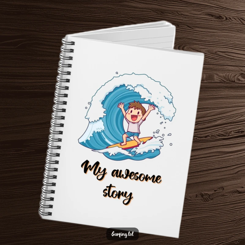 Funny notebook cover featuring a character cheering after riding a huge wave, ideal for journaling adventures.