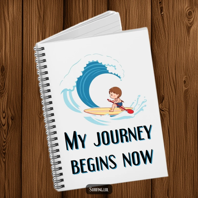 Funny Notebook: Cover art depicts a determined character happily paddling a surfboard towards a challenging breaking wave.