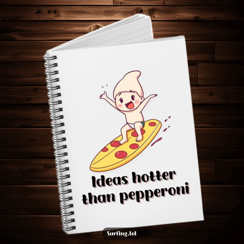 Funny notebook cover with a character riding a giant pizza slice surfboard, promoting creativity, fun, and a passion for pizza.