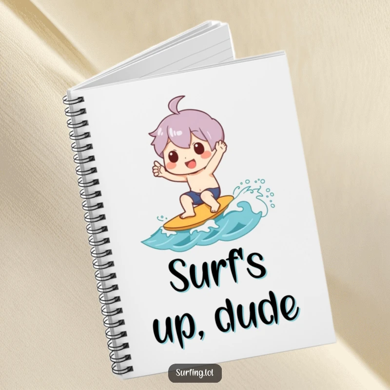 Funny notebook cover with a character joyfully giving a shaka sign while riding a small wave, perfect for surfing ideas.