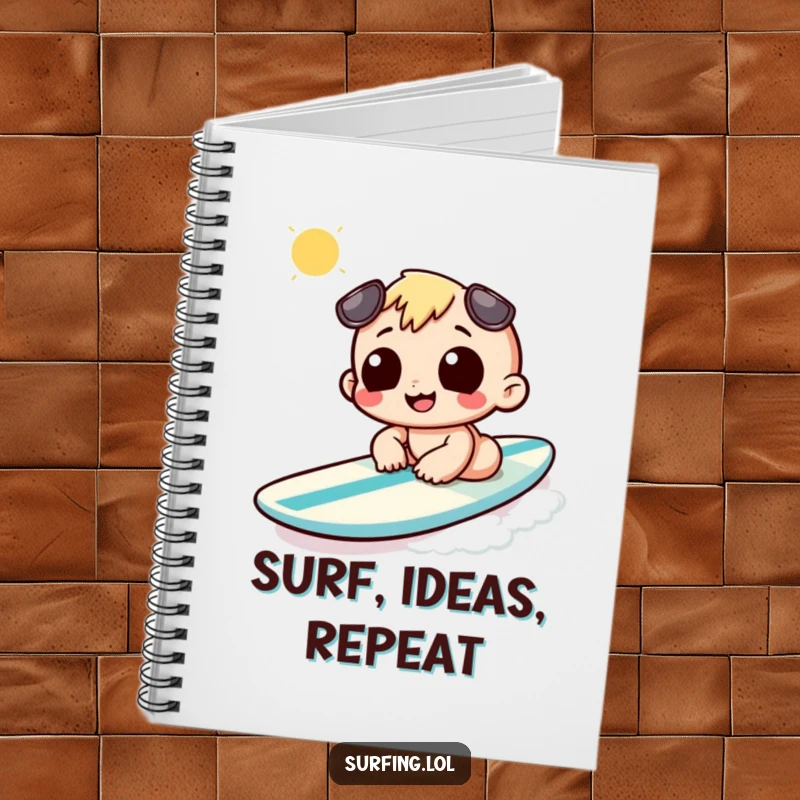 Funny notebook cover with a character sunbathing on a surfboard, inspiring notes and beach-themed thoughts.