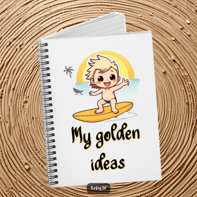 Funny notebook cover featuring a character posing on a surfboard at sunset, encouraging reflective writing and creative ideas.