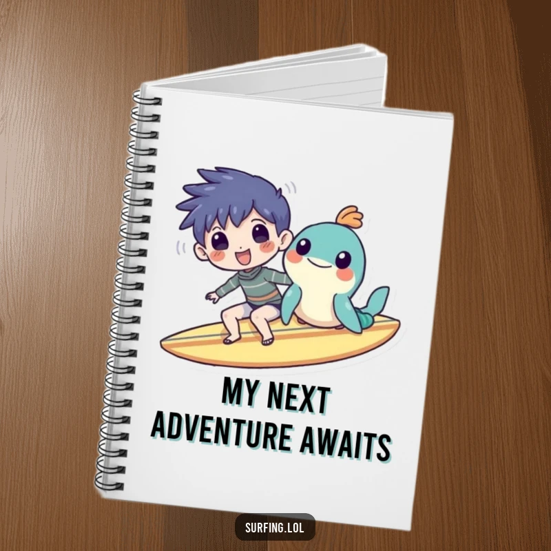 Funny notebook features a character and sea creature sharing a surfboard, perfect for jotting down ideas with beachy, humorous flair.