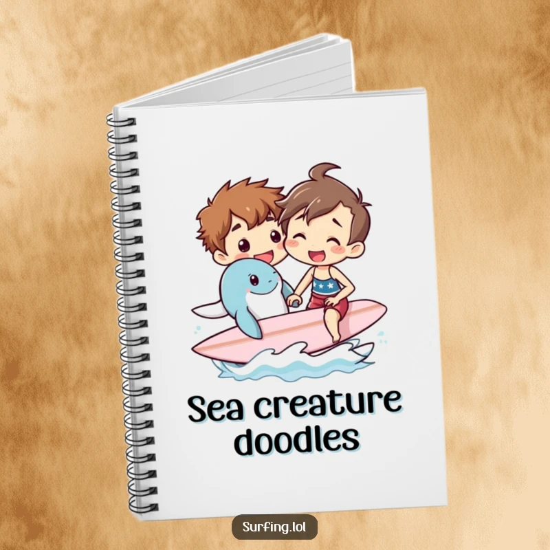 Funny notebook with a person teaching a sea creature to surf, perfect for journaling, note-taking, and ocean-themed inspiration.