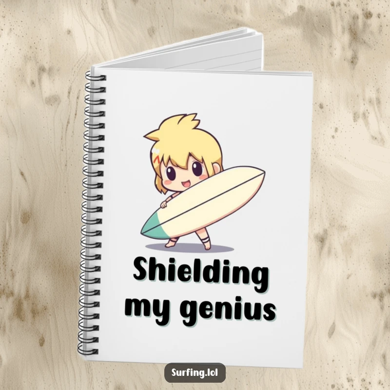 Funny cute character holding a surfboard like a shield on a notebook, perfect for notes and plans, a funny gift.