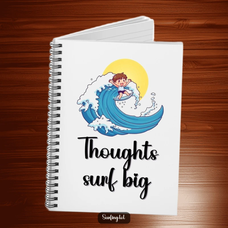 Funny notebook featuring a cute character riding a sunny wave, perfect for writing down funny thoughts and inspirations.