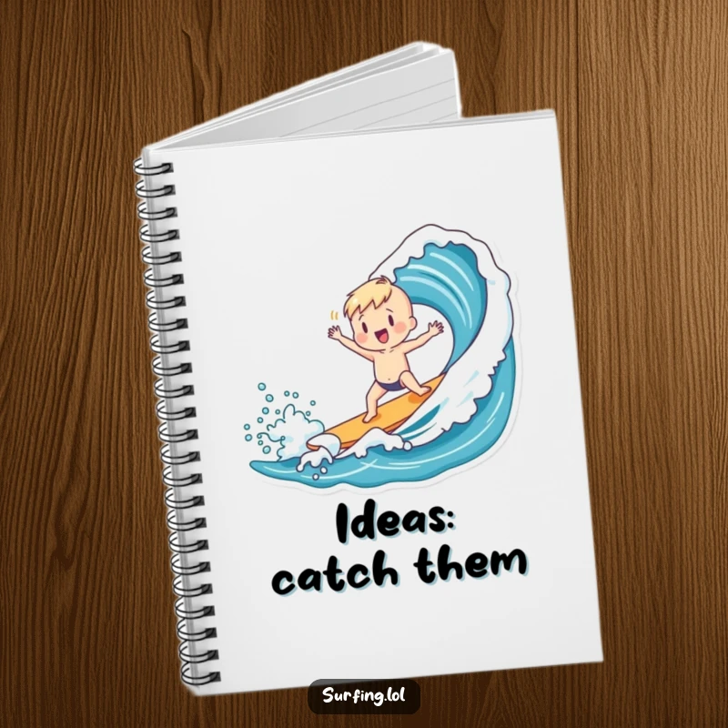 Funny notebook with a charming figure doing a playful dance after successfully catching an ocean wave.
