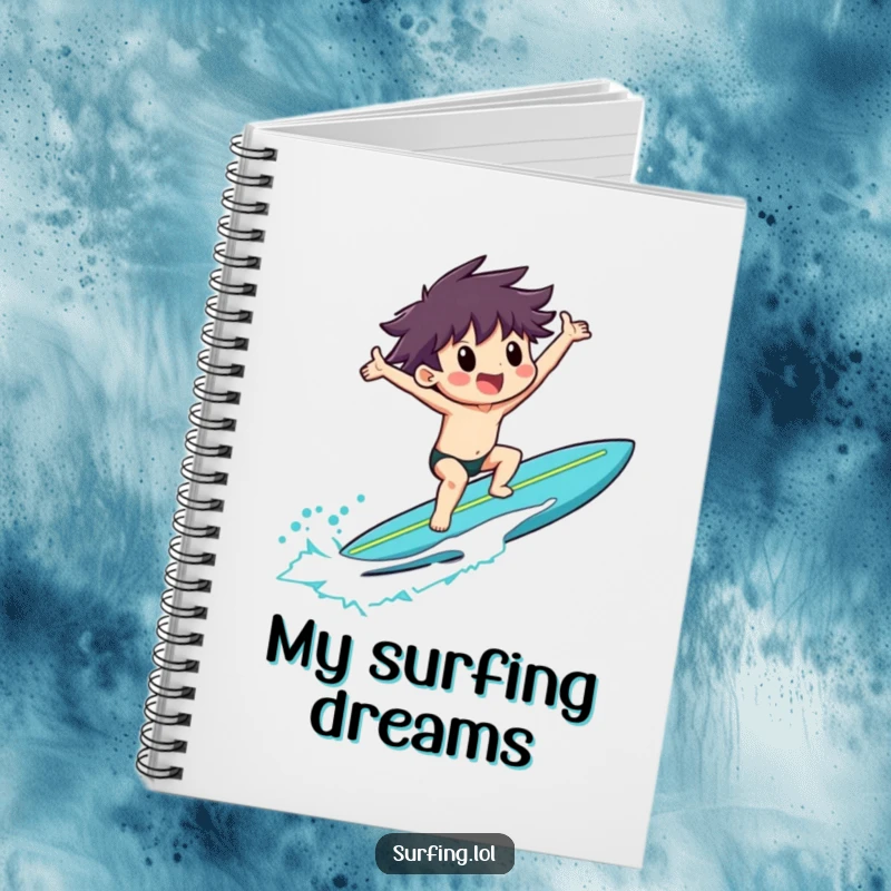 Funny notebook with a surfer riding a surfboard, arms outstretched in exultation, for note-taking and journaling.