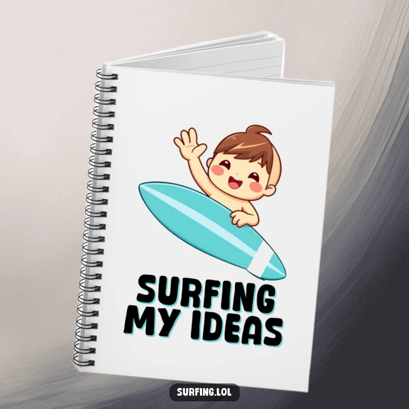 Funny notebook with a cute, smiling character waving from a surfboard, perfect for journaling, note-taking, and bringing beachy humor anywhere.
