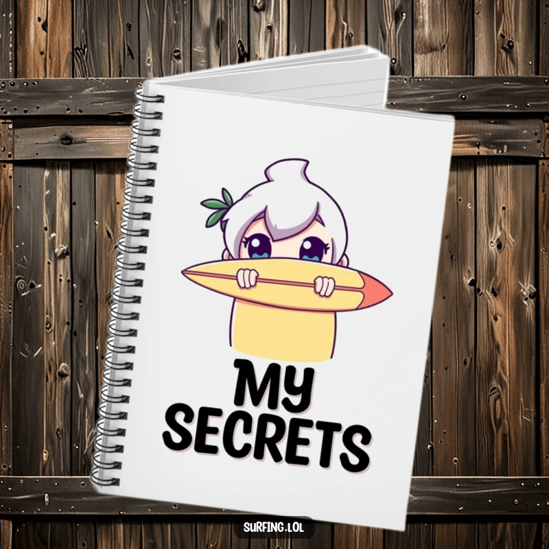 Funny notebook cover: A character peeking with wide eyes from behind a surfboard, perfect for capturing shy thoughts and creative ideas.