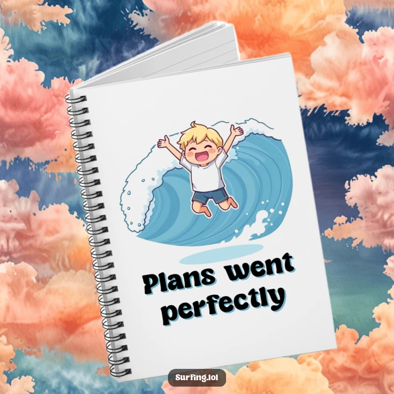 Funny notebook with a character in a triumphant pose catching a wave, inspiring users to write about their own victorious moments.