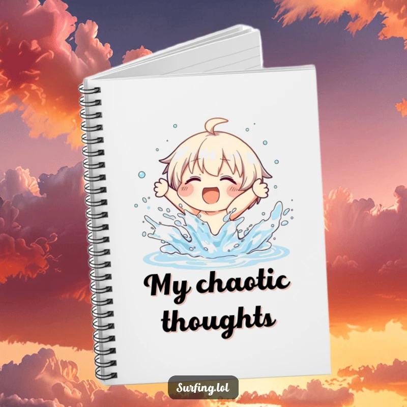 Funny notebook with a character joyfully wiping out on a surfboard, water splashing everywhere, for note-taking.