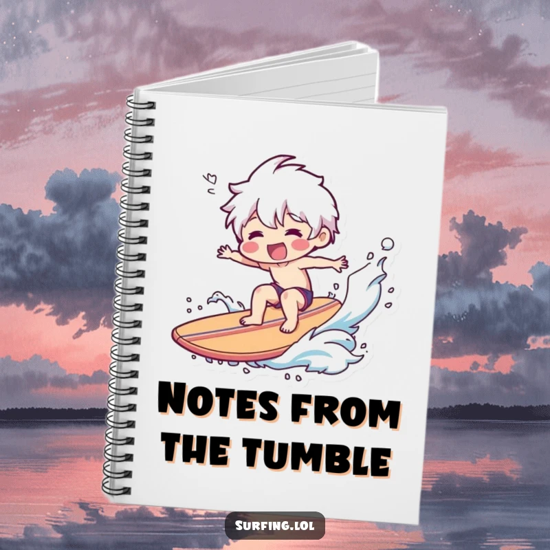 Funny Notebook: Cover art shows a character smiling through a spectacular surfboard wipeout, symbolizing resilience and humor.