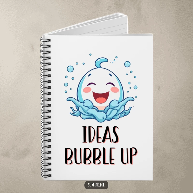 Funny notebook featuring a bubbly icon laughing surrounded by playful sea spray, perfect for writing funny thoughts and ideas.