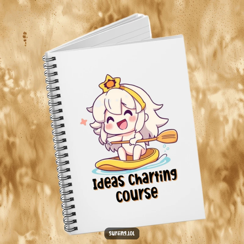 Funny character paddling a canoe with a big smile, notebook cover for a funny gift.