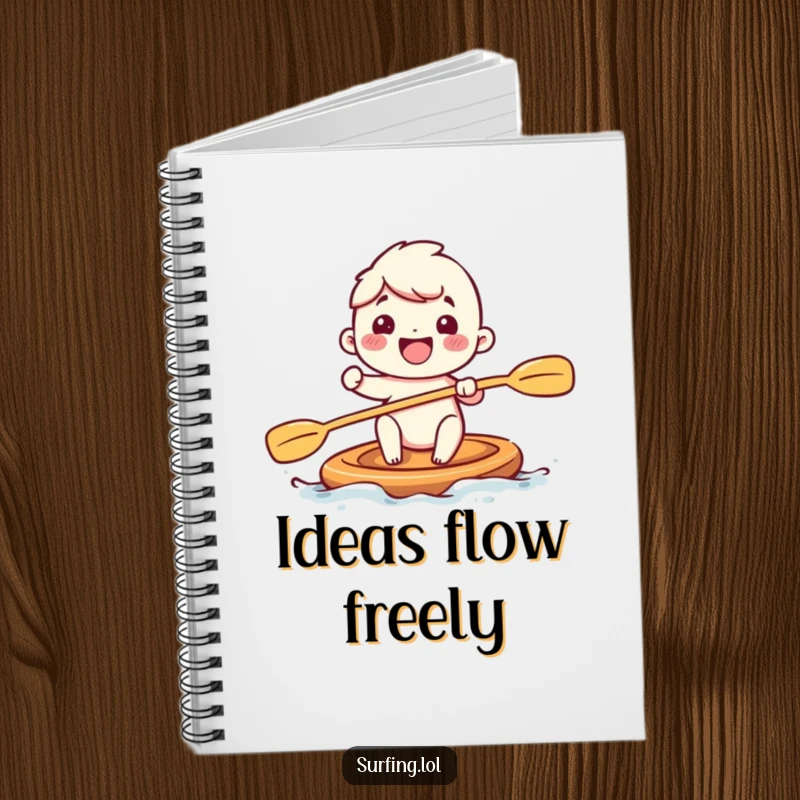 Funny notebook cover showing an adorable subject paddling with large, enthusiastic strokes, representing a journey of ideas and energetic pursuits.