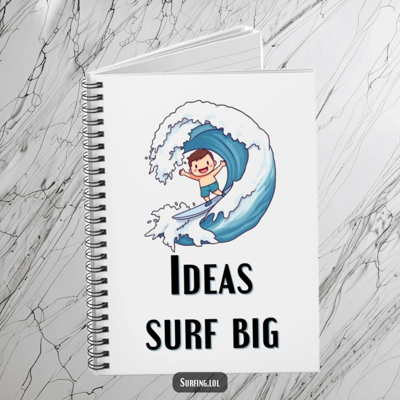 Funny Notebook: Character joyfully surfing a massive wave adorned with a smiley face, perfect for jotting down exciting ideas.
