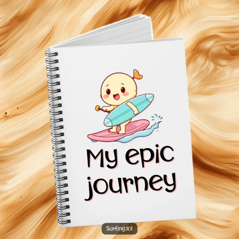 Funny notebook cover with a cheerful character paddling enthusiastically, tiny surfboard under arm, inspiring fun thoughts and creative sessions.