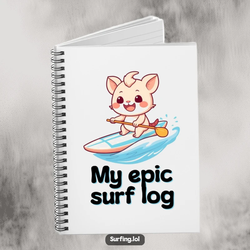 Funny notebook cover showing a sweet creature with a delighted grin, paddling a surfboard with enthusiasm.