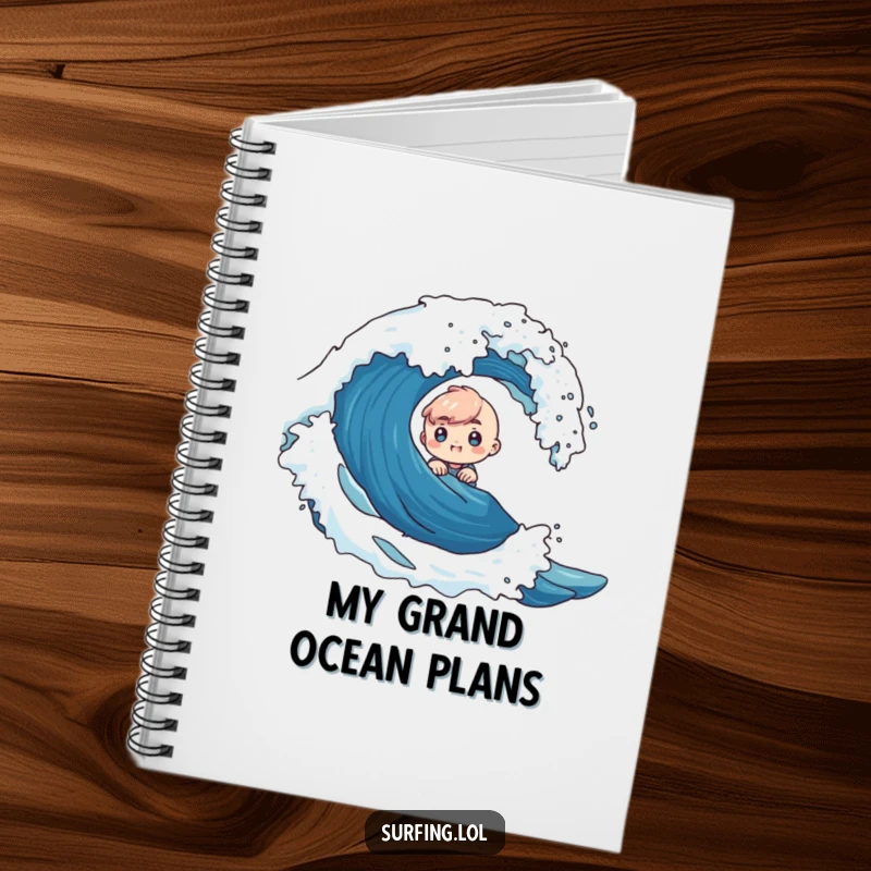 Funny notebook cover with a tiny character peeking curiously from behind a crashing wave, capturing the thrill of discovery.